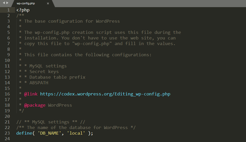 Un fichier WordPress wp-config.file dans un éditeur de texte.
