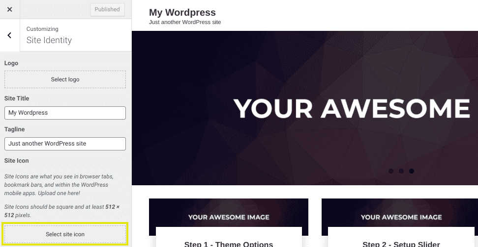La section Site Identity du personnalisateur de thème WordPress permet de télécharger un favicon.