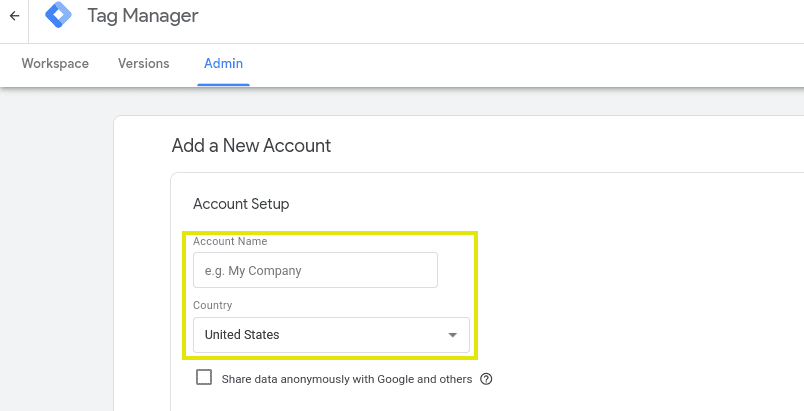 La page de configuration du compte sur Google Tag Manager.