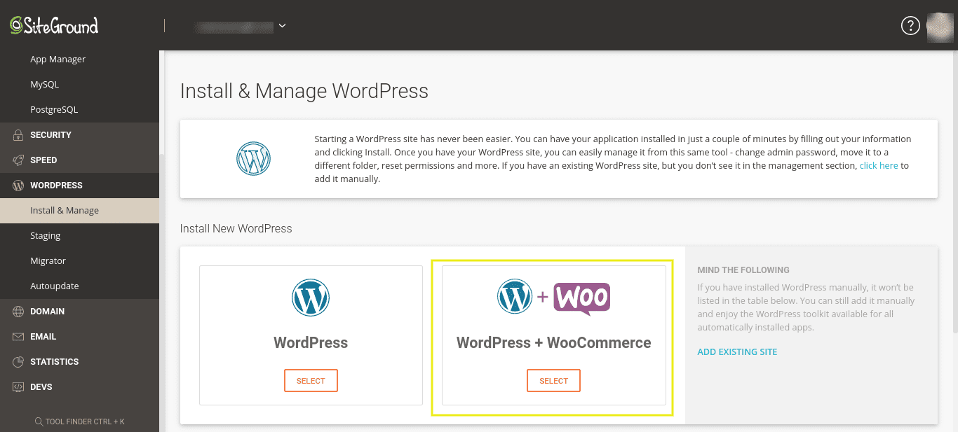 The WordPress and WooCommerce one-click installation option on the user dashboard.
