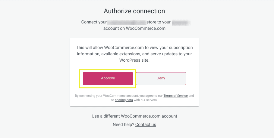 The page to approve the connection between WordPress and WooCommerce extensions.