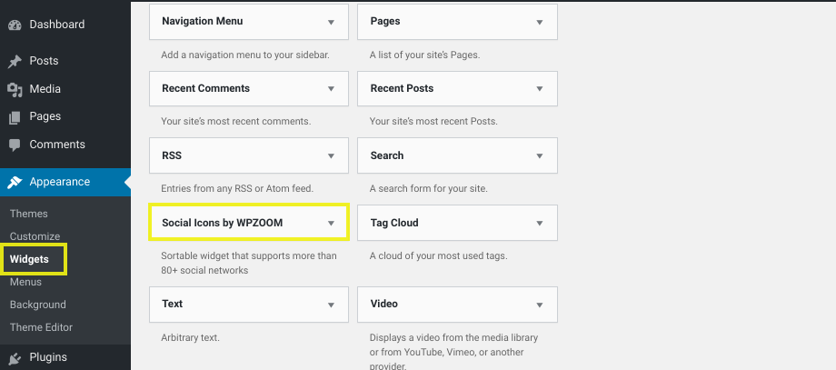 La page des widgets disponibles dans WordPress.