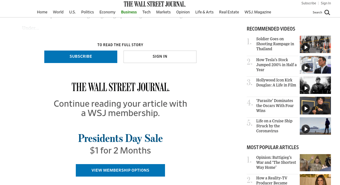 Un paywall sur le site du Wall Street Journal.