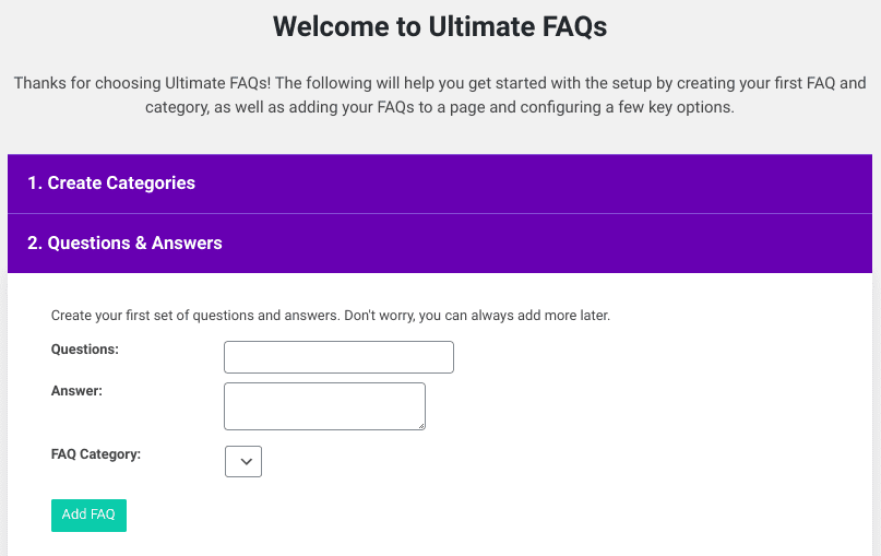 La page de configuration de Ultimate FAQs